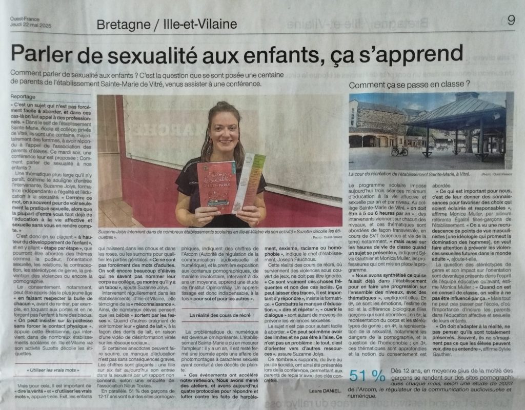 article paru dans ouest-france en mai 2025 sur le thème "parler de sexualité aux enfants, ça s'apprend" - interview de suzanne jolys, formatrice égalité et éducation à la vie affective et sexuelle